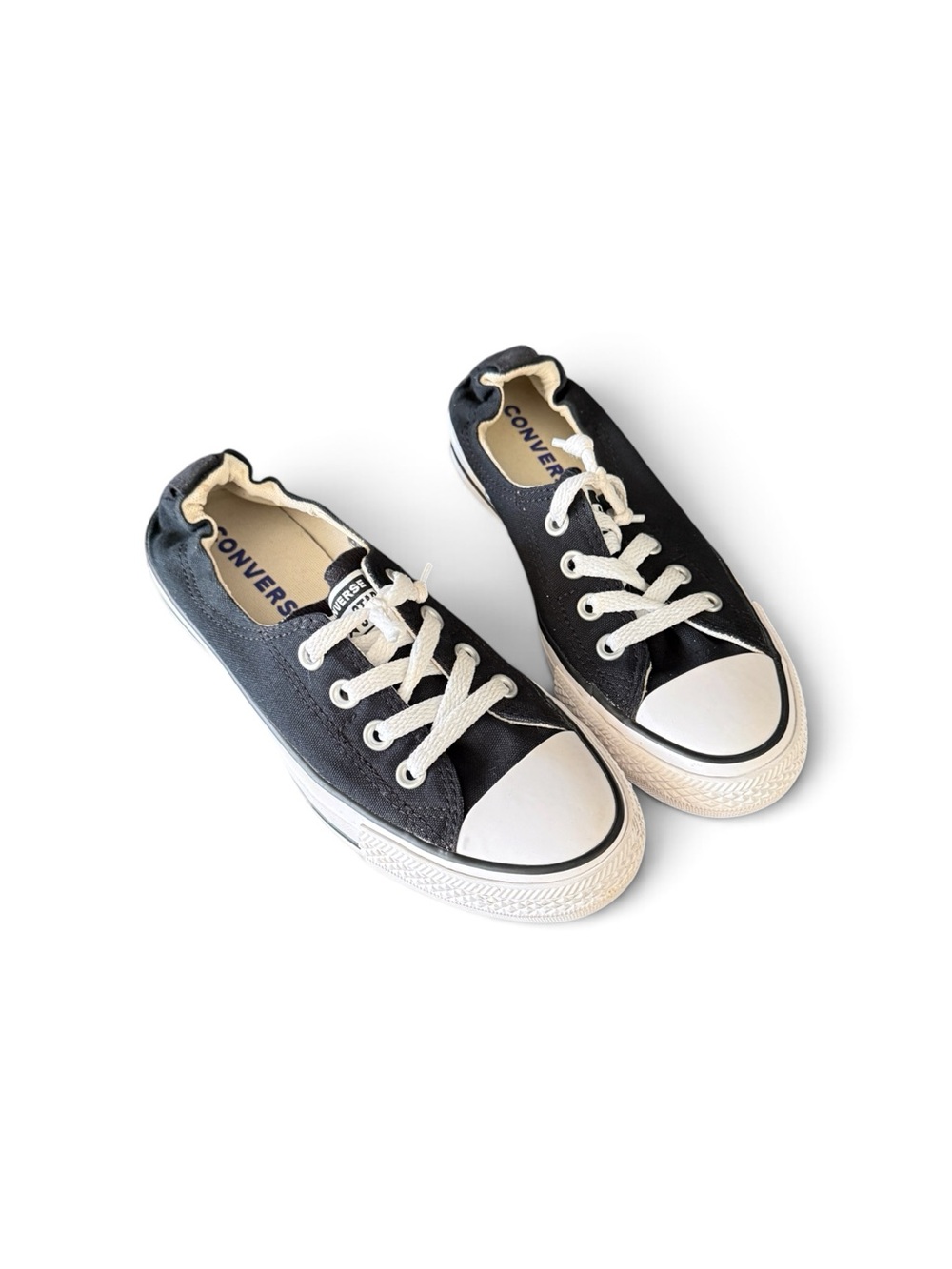 Converse Womans Black Canvas Low Top Sneakers with White Accents Size 7.5